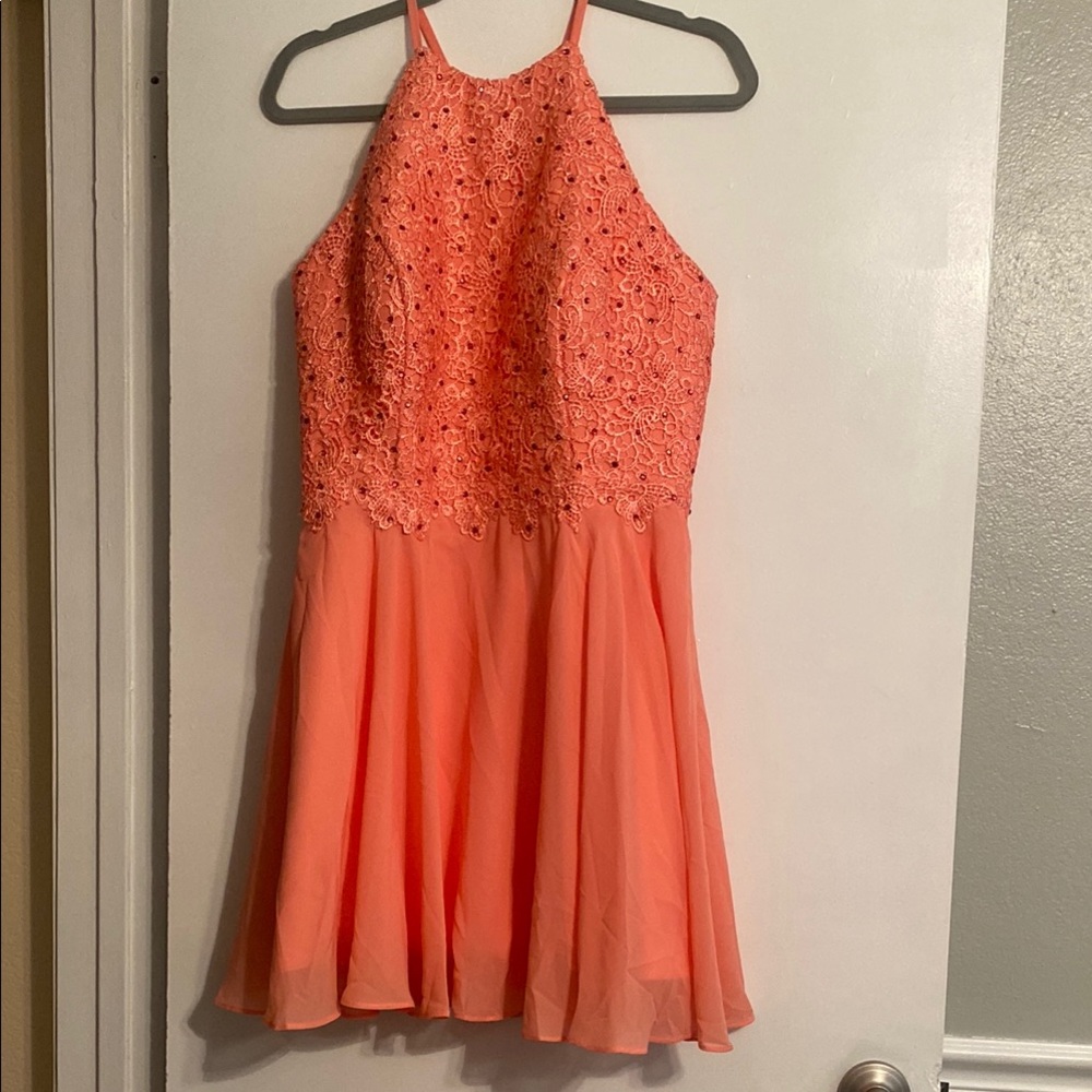 Elegant Coral Lace Halter Dress